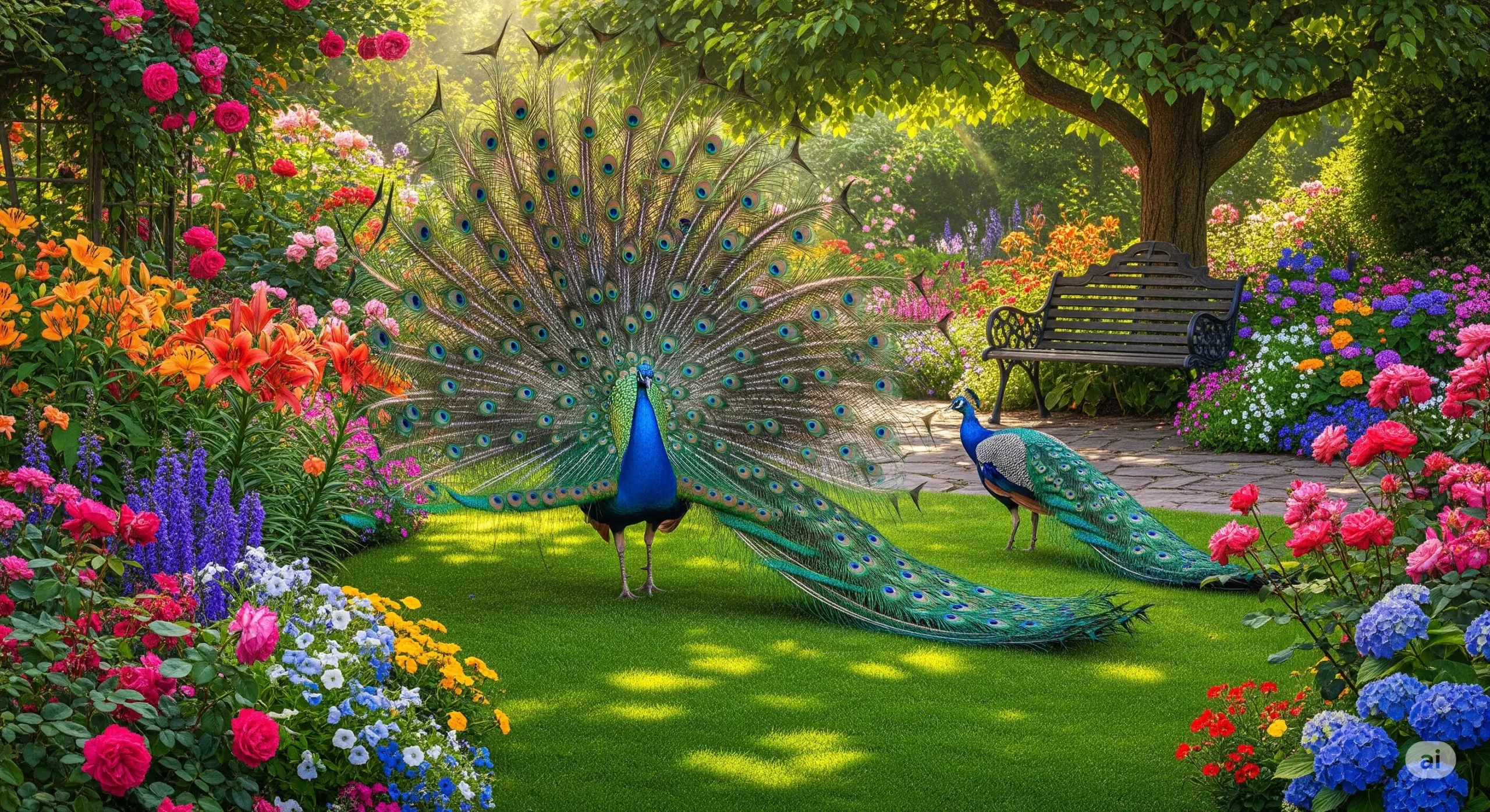 Peacocks in a Garden