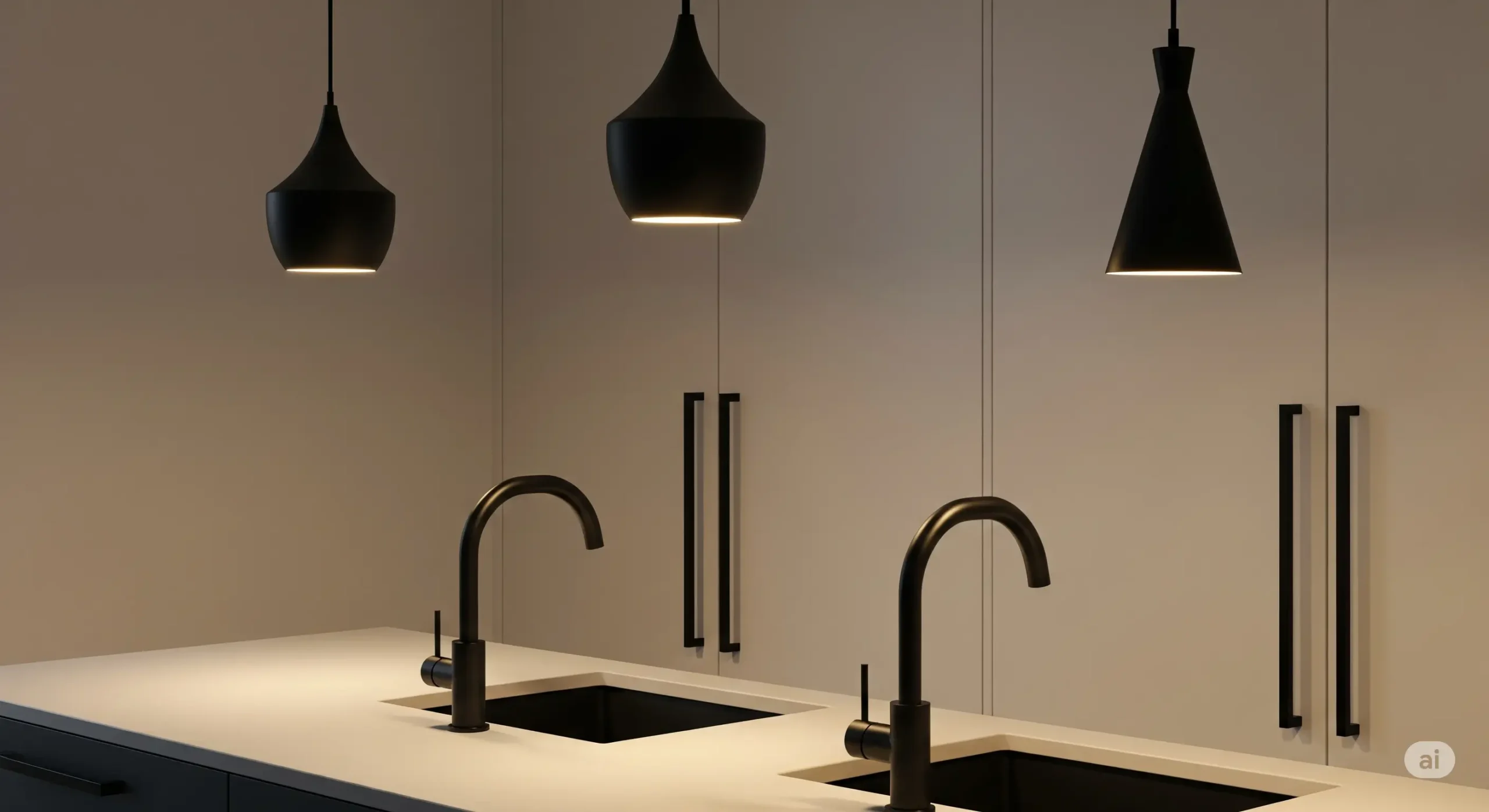 Black faucets, cabinet handles, and pendant lights