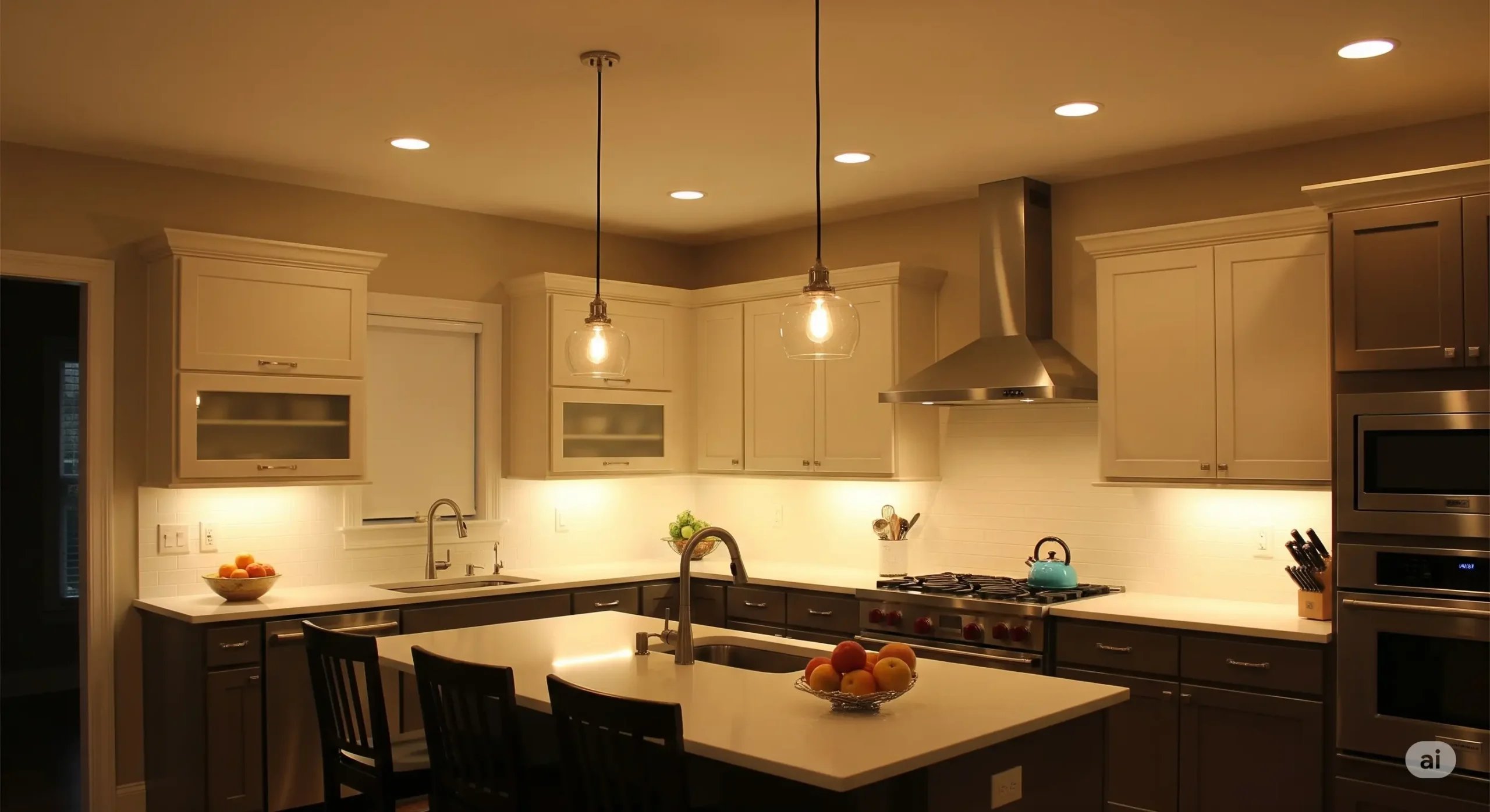 Under-cabinet LEDs + pendant lights + recessed lighting