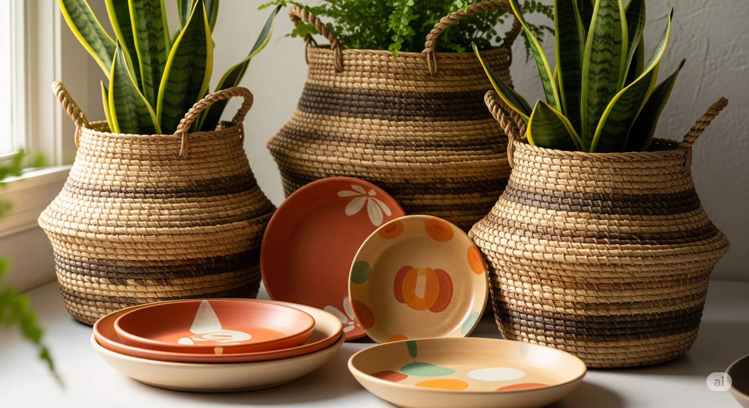 Woven baskets, indoor plants, and ceramic dishes