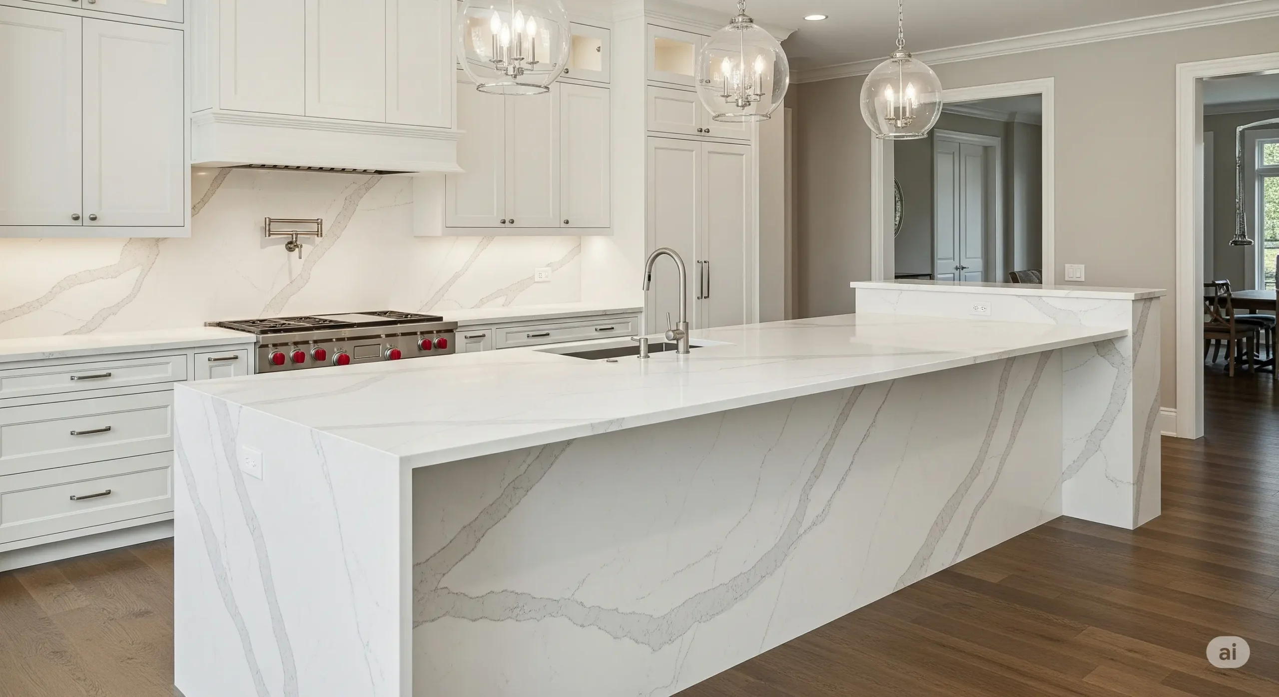 White veined quartz kitchen island