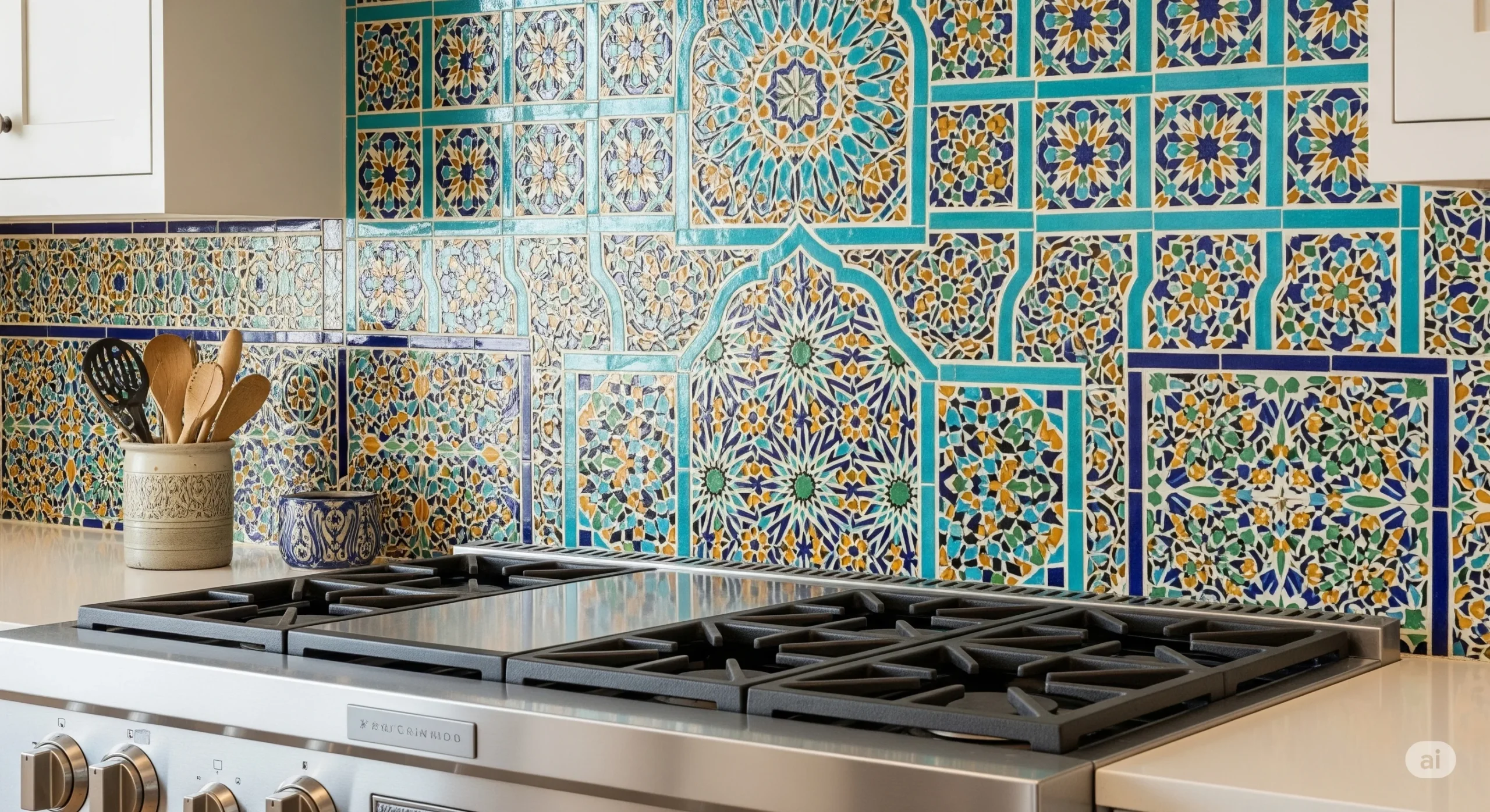 Moroccan tile backsplash behind stove