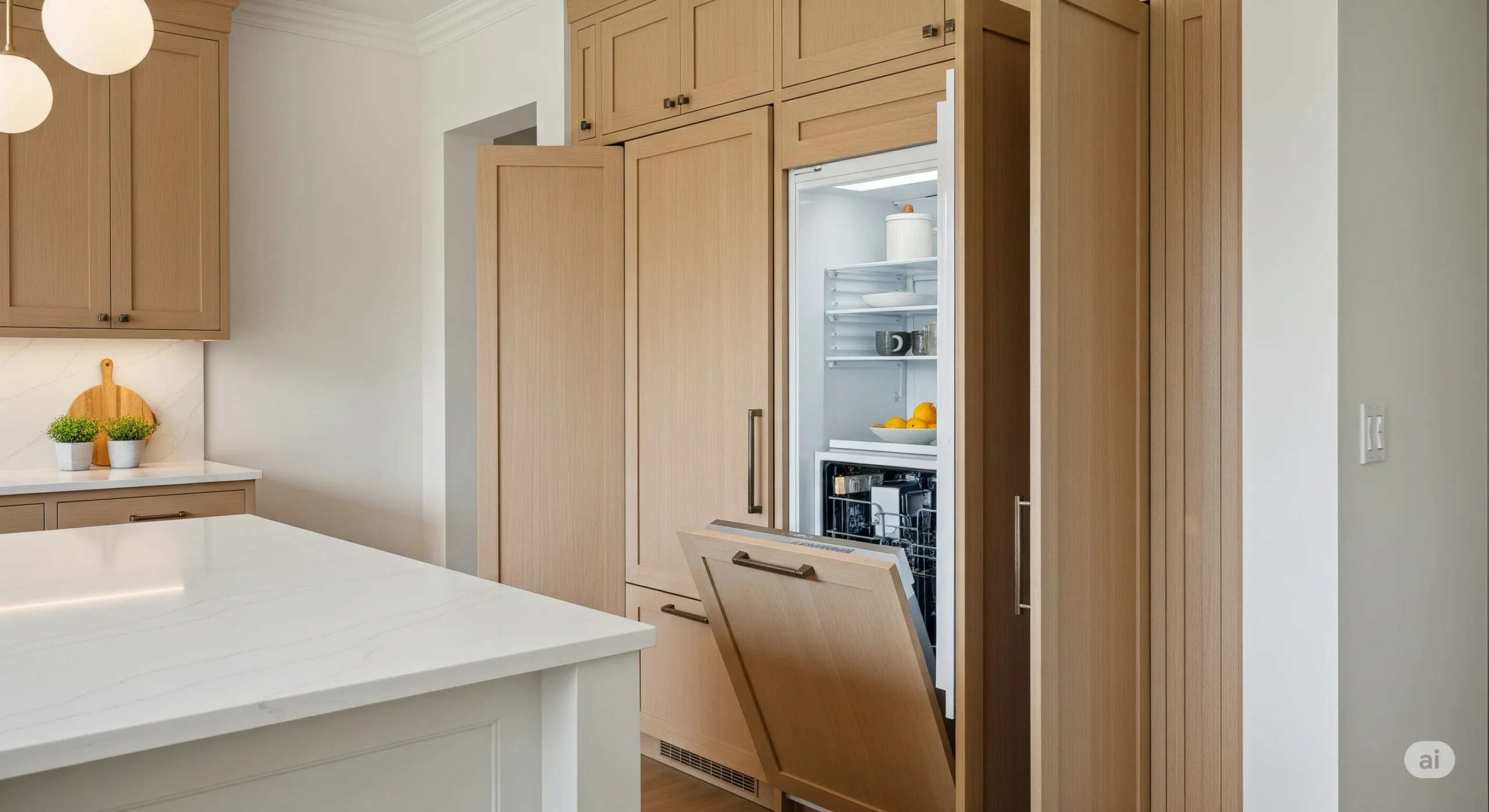 Built-in refrigerator and dishwasher behind matching cabinet panels