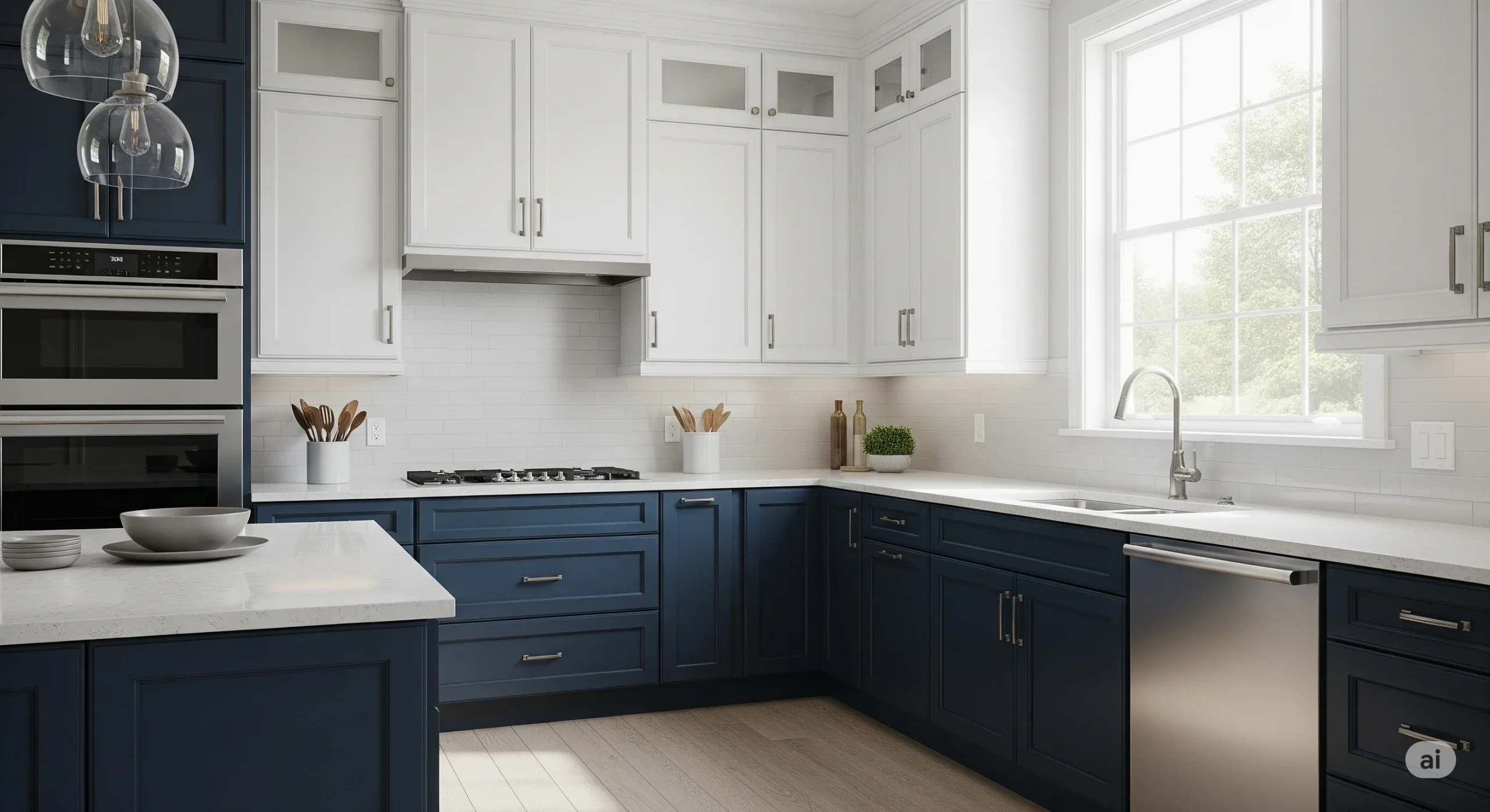 Navy lower cabinets and white uppers