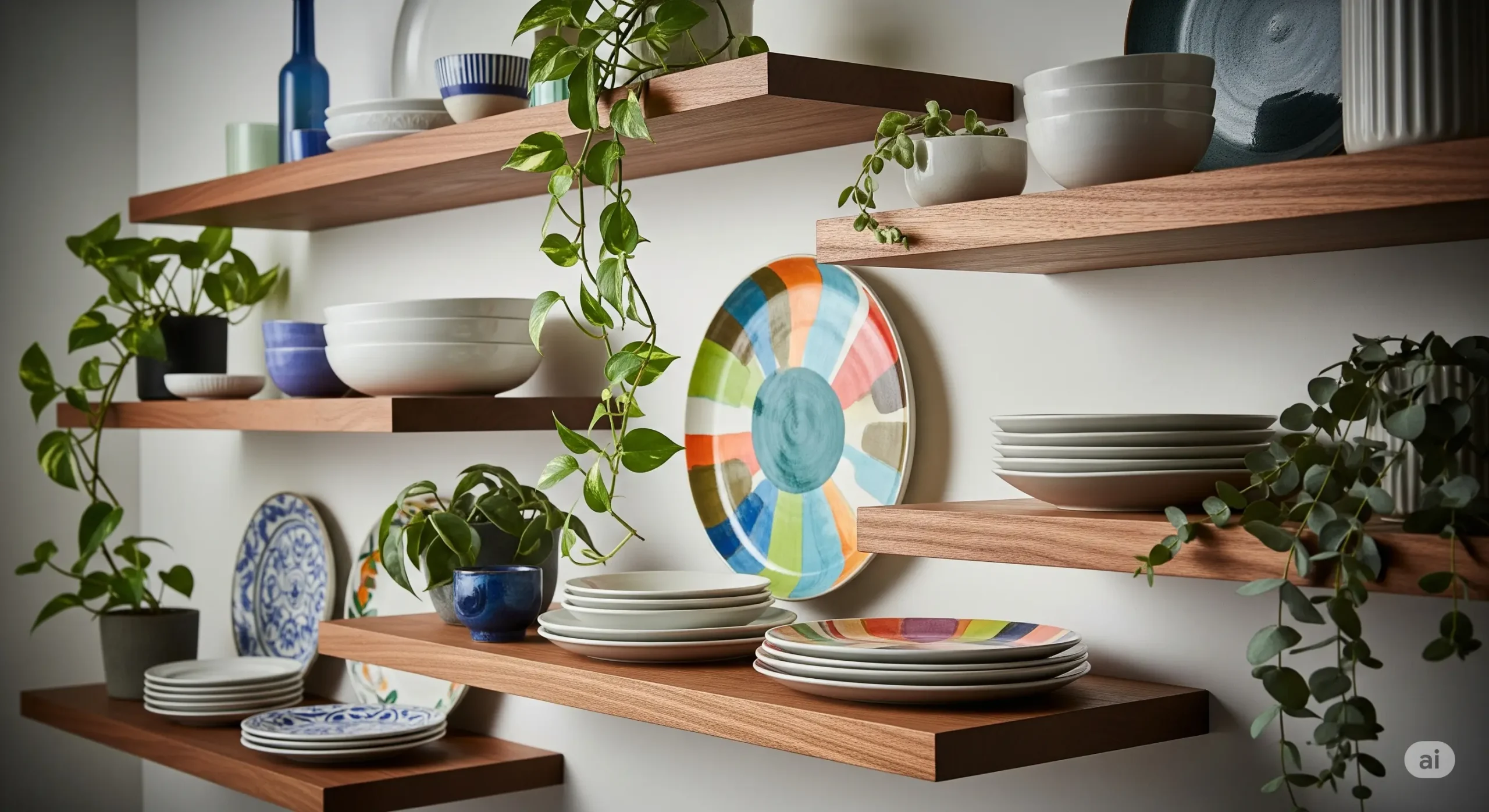 Floating wooden shelves with ceramic dishes and plants