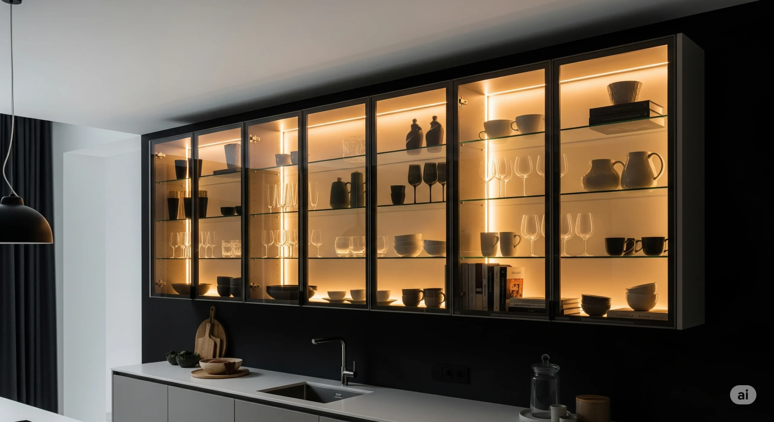Glass-front cabinets with backlighting