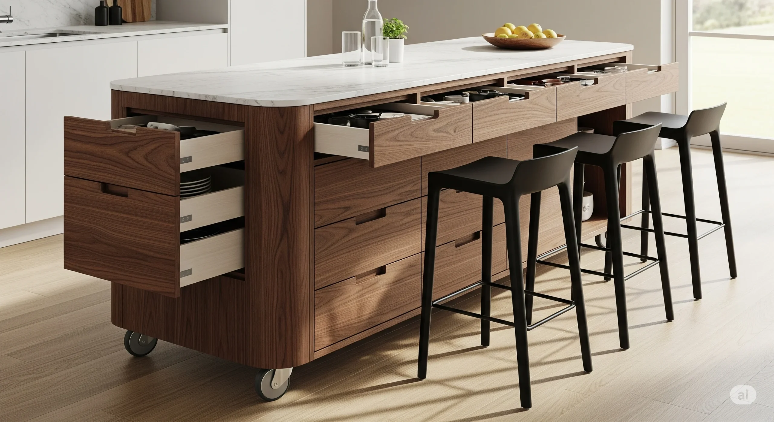 Mobile island with drawers and bar stools