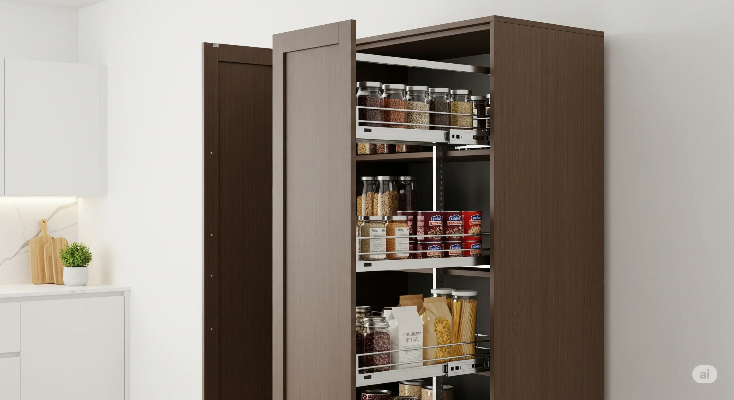 Tall pantry cabinet with pull-out racks