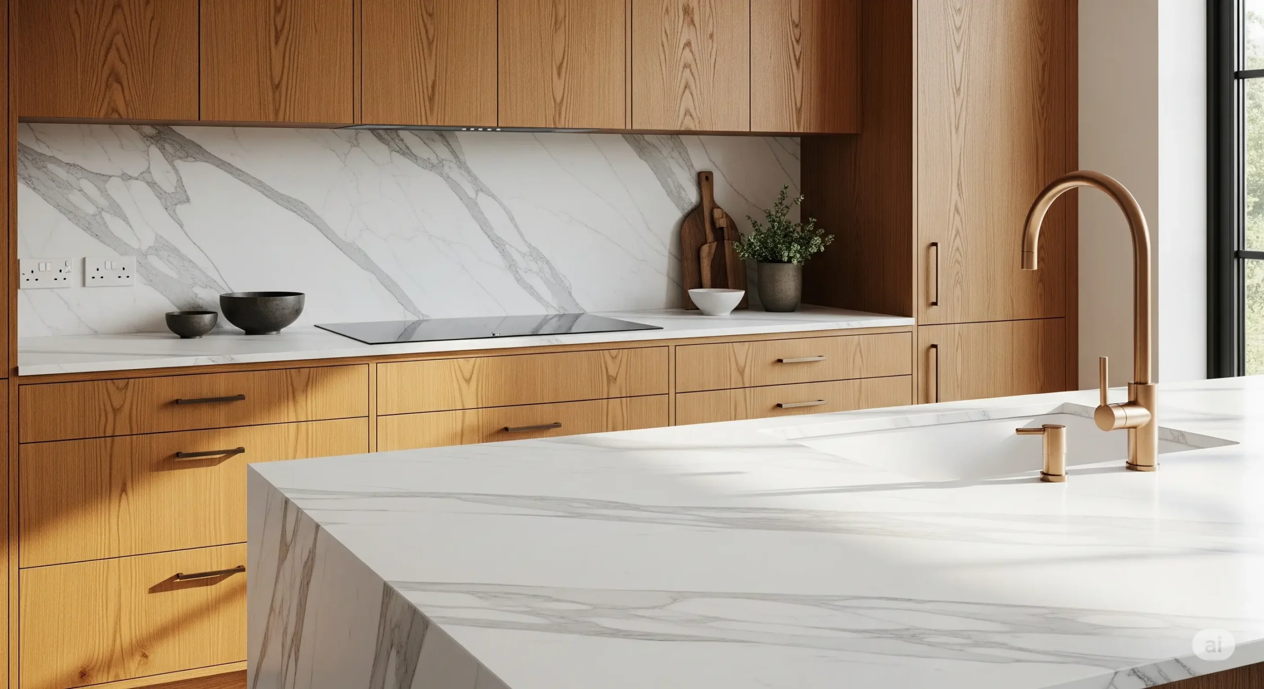 Oak cabinets with marble countertops