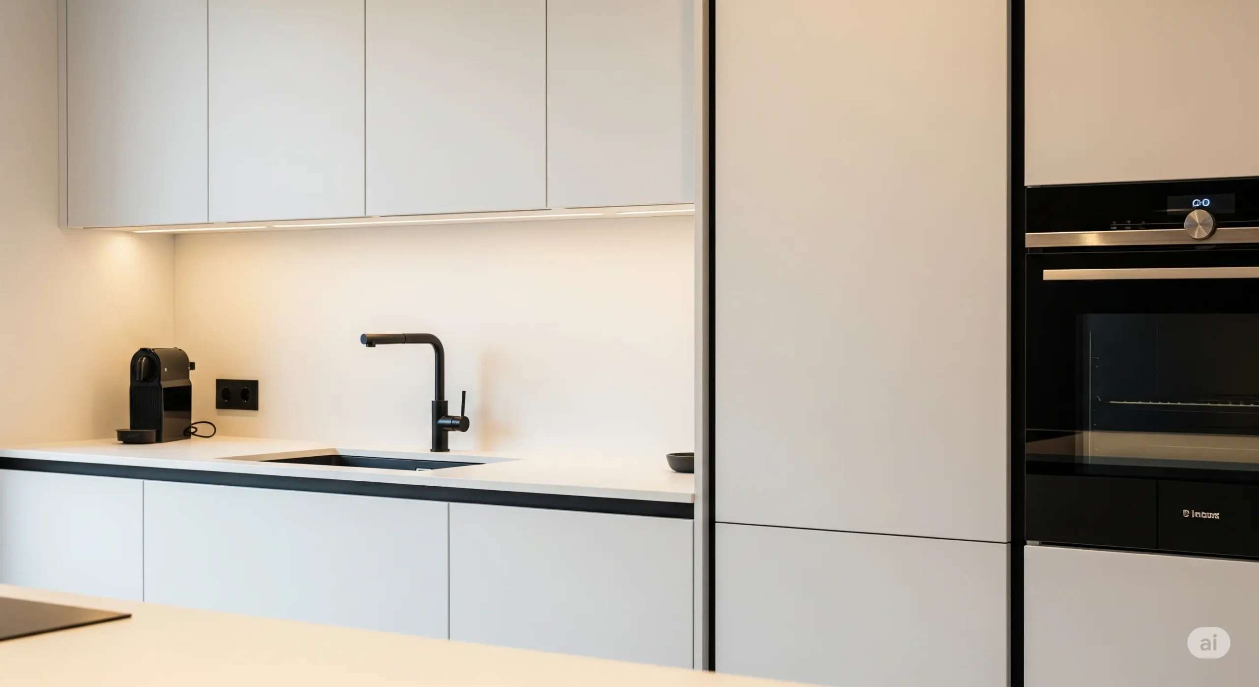 Sleek white cabinets, matte black fixtures, hidden handles - kitchen decor ideas