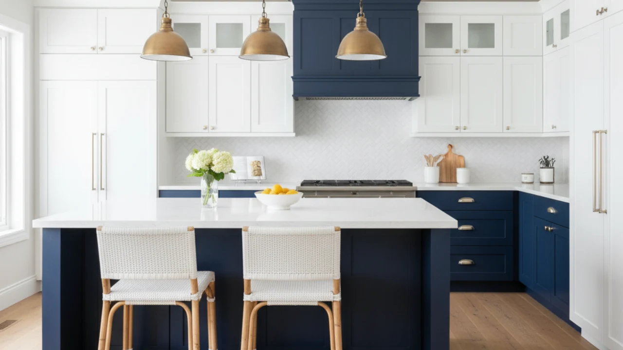 Modern Kitchen Design with Navy Blue and White Color Combination