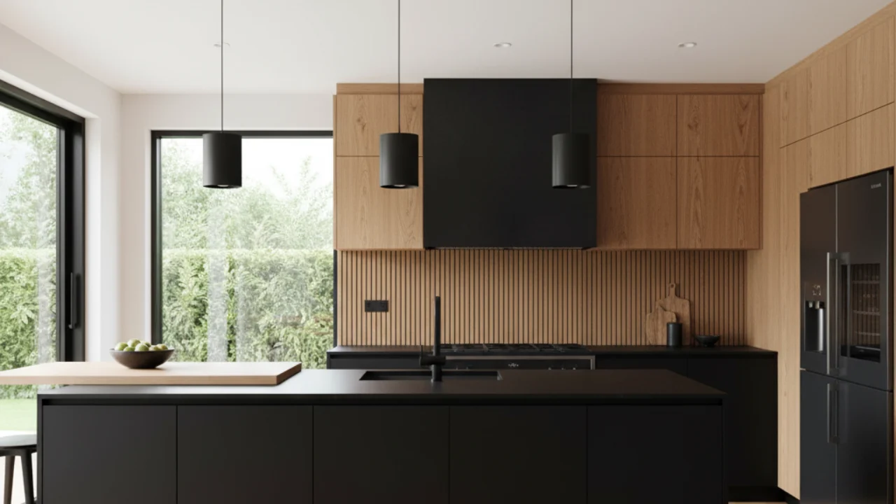 Modern Kitchen Design with Black and Wood Color Combination