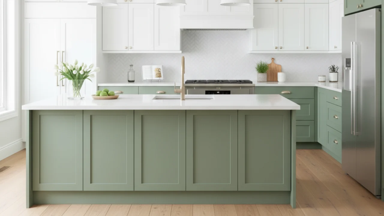 Modern Kitchen Design with Sage Green and White Color Combination