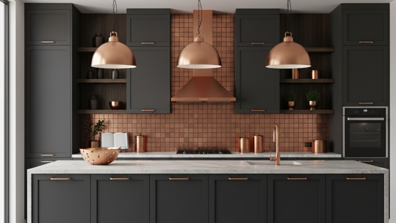 Modern Kitchen Design with Charcoal and Copper Color Combination