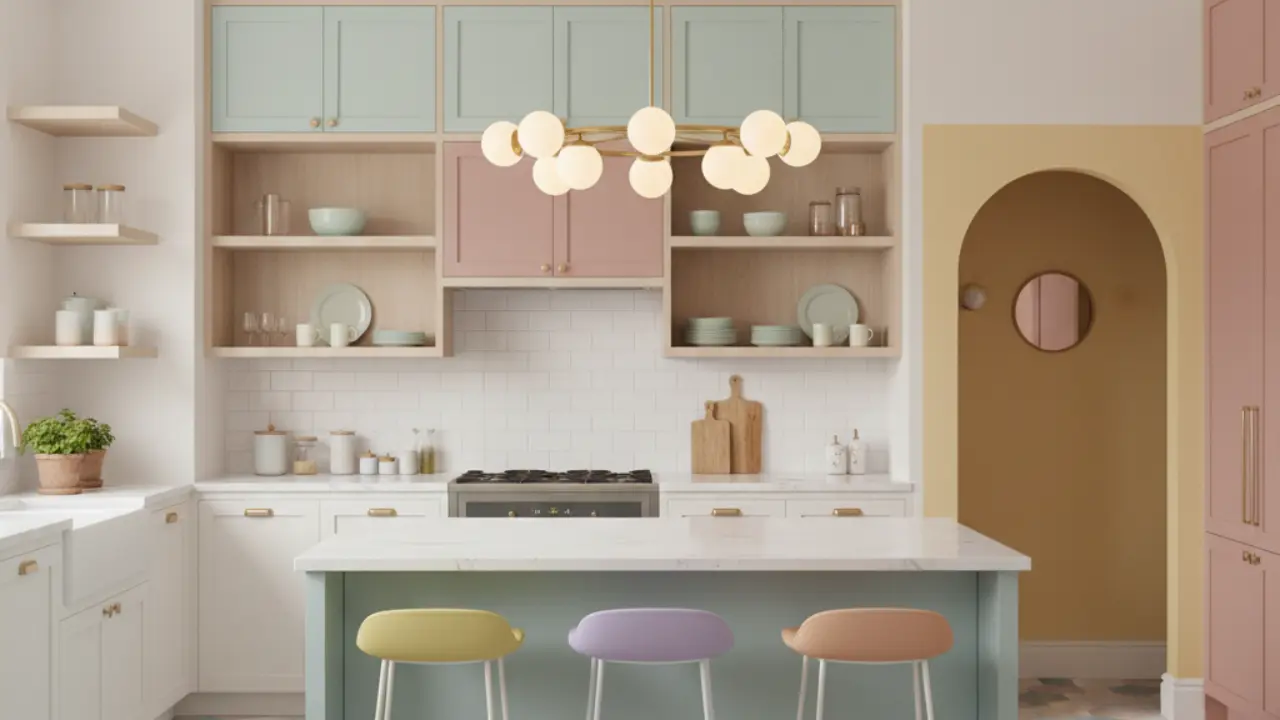 Modern Kitchen Design with White and Pastel Colors Color Combination