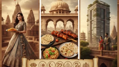 Indian attire, food, and architecture showcasing centuries of cultural exchange and historical influences
