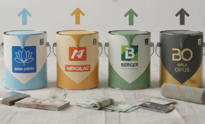 Comparison of home painting costs using popular paint brands Asian, Nerolac, Berger, and Birla Opus