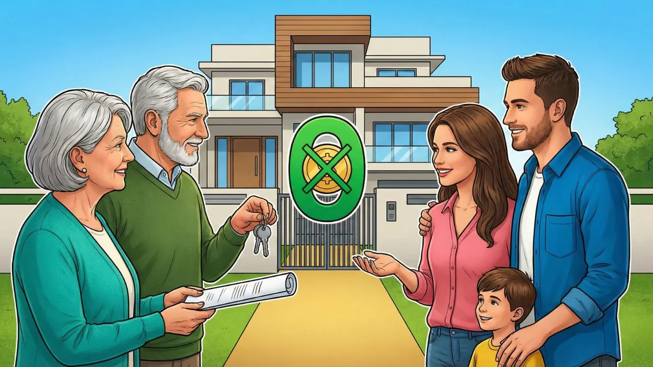 Illustration showing grandparents transferring inherited house property keys to a family in Noida with a no transfer fee symbol