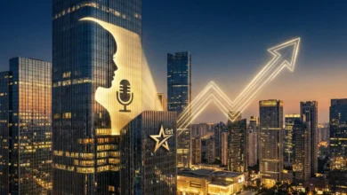 Luxury real estate and office towers branded by celebrities, showing modern architecture and iconic urban skyline