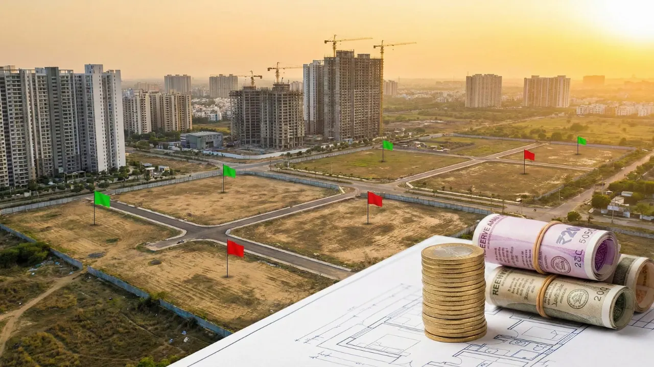Noida real estate plots with high-rise buildings and Indian currency representing Noida Authority’s ₹204 crore revenue from plot sales