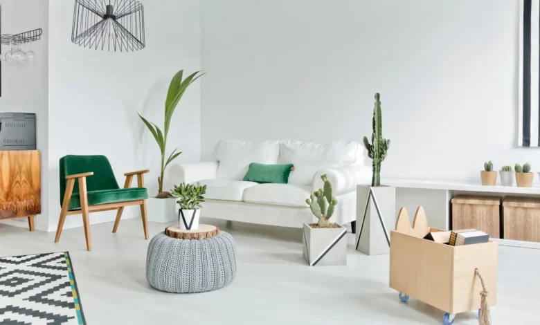 Modern living room with plants and furniture illustrating Vastu tips for rented houses