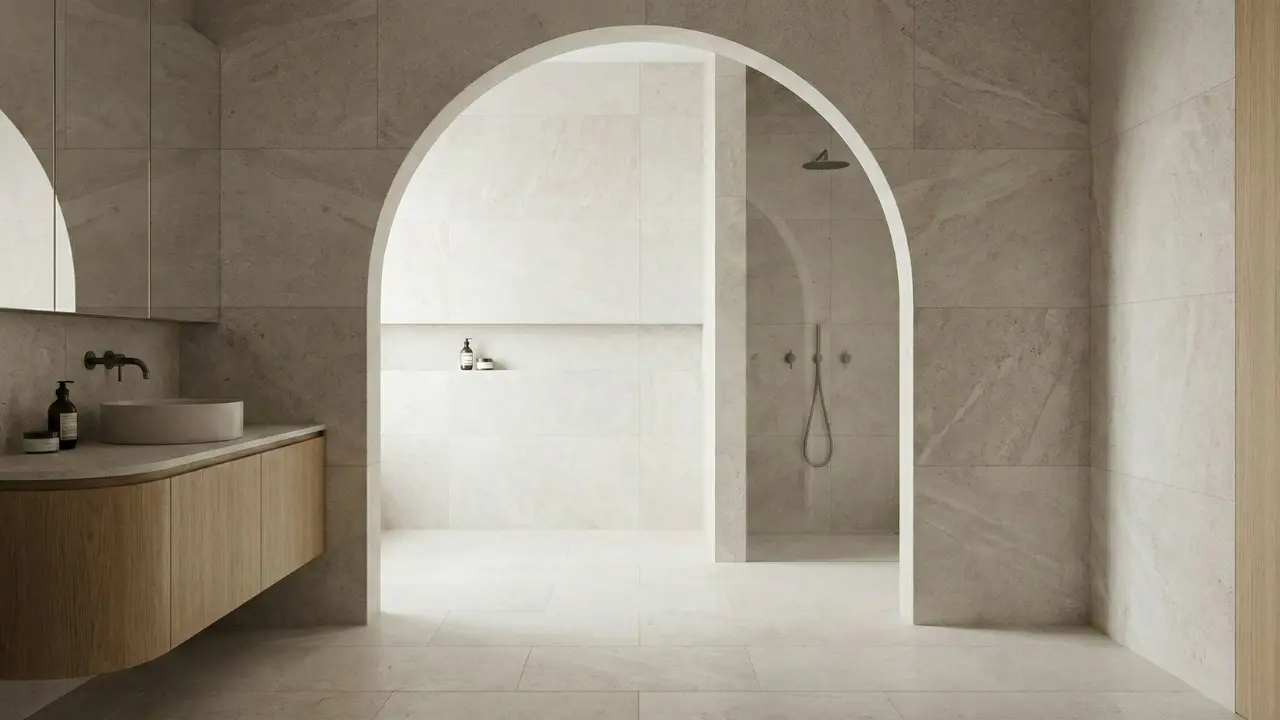 Curved architecture bathroom design trend 2026 featuring soft edges and organic shapes