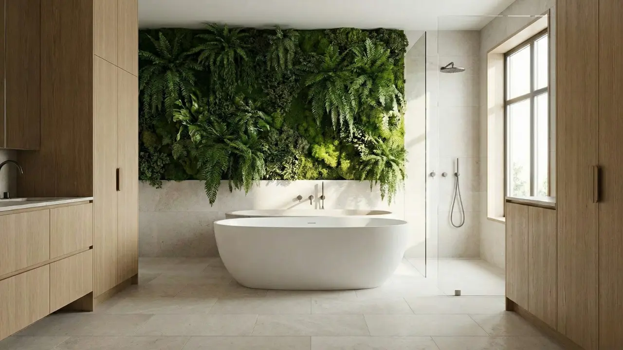 Biophilic oasis bathroom design trend 2026 with natural elements and greenery