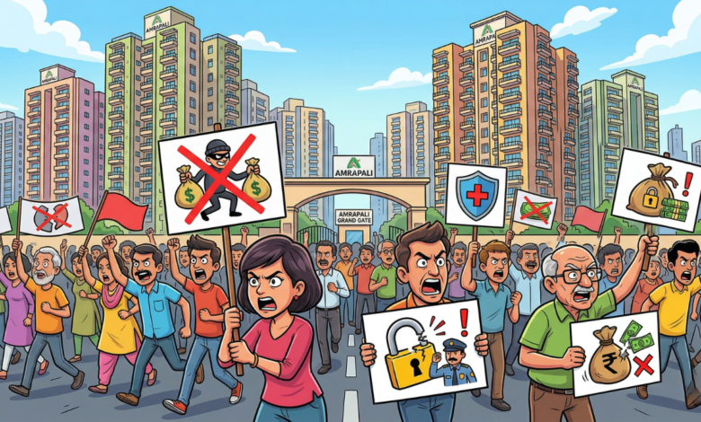 Residents of Amrapali Societies Protest Over Security Scam