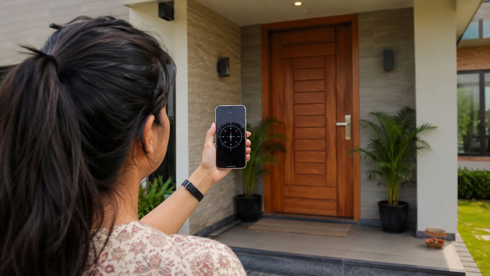 A Female Checking Vastu direction using a smartphone compass at the main entrance.