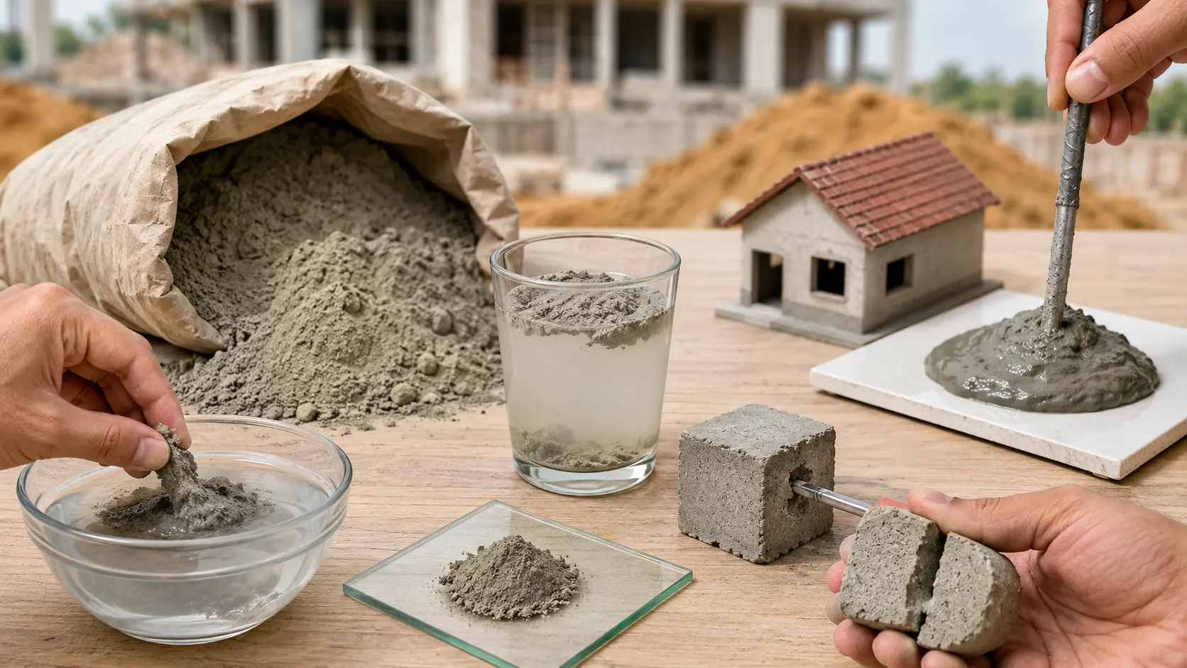 Cement quality testing at home using water, cement powder, concrete samples and simple physical tests before construction.