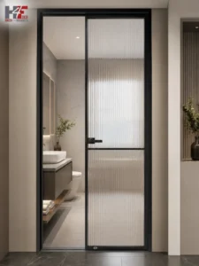 Modern aluminium frame glass door for a bathroom, featuring a sleek aluminium finish and transparent glass panels.