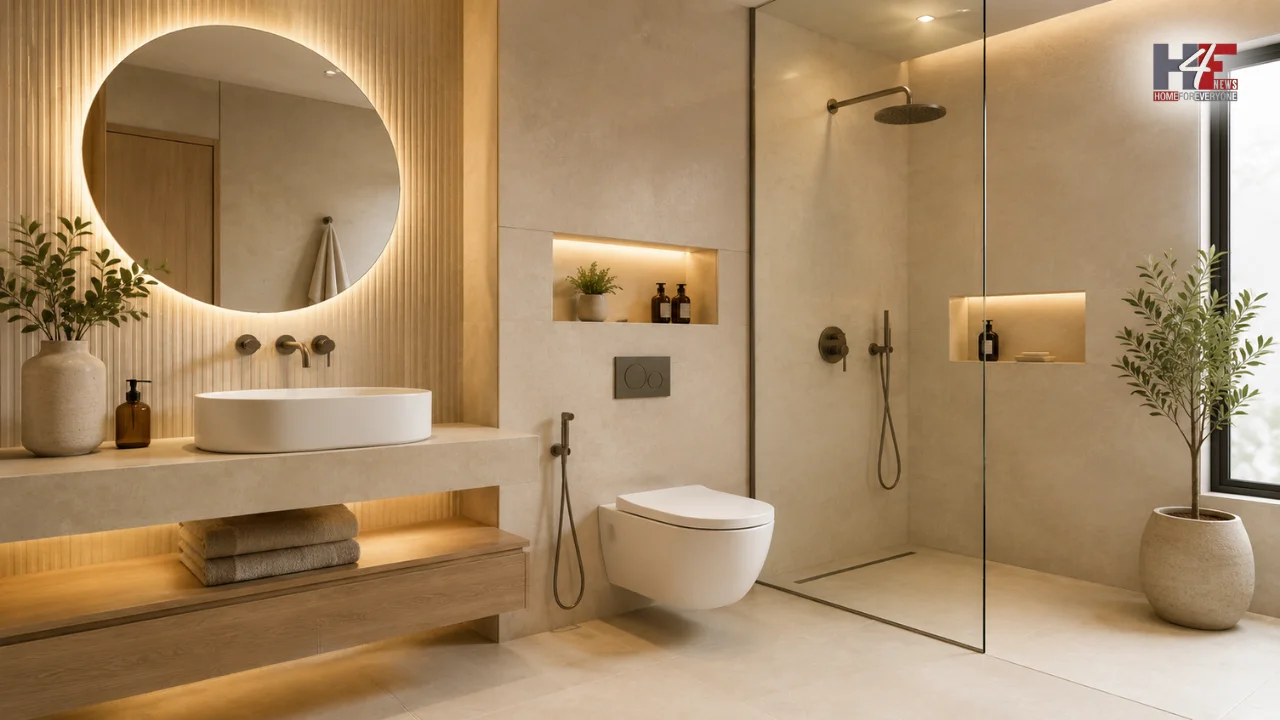 Beige minimalist bathroom design featuring warm neutral tones, clean lines, modern fixtures and a simple clutter-free interior.