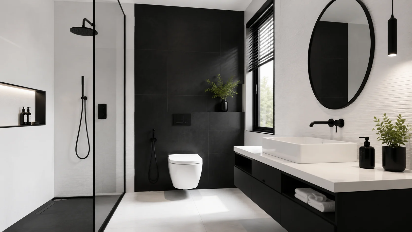 Black and white minimalist bathroom design featuring contrasting neutral tones, clean lines, modern fixtures and a clutter-free interior.