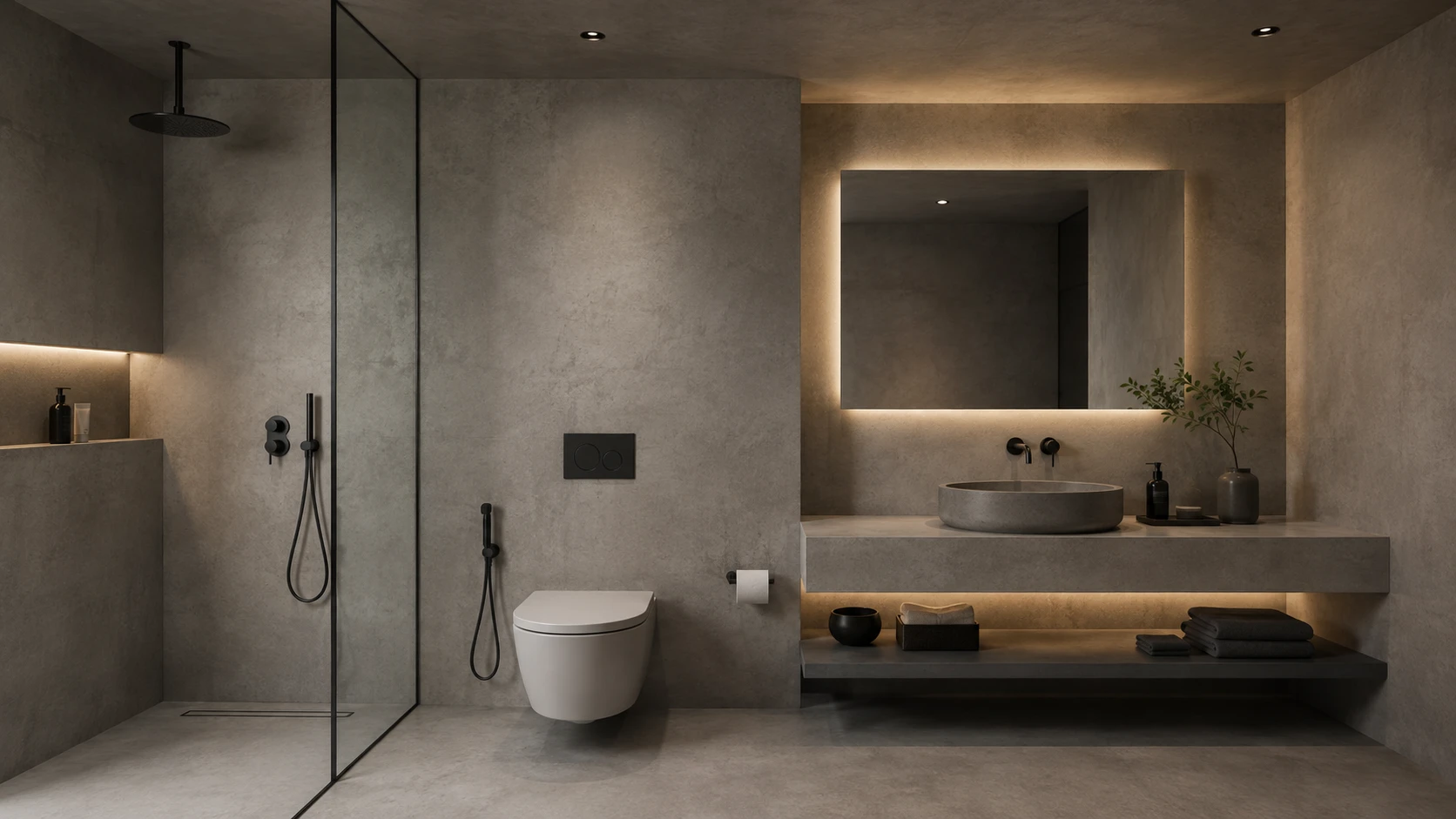Concrete-style minimalist bathroom featuring raw concrete finishes, clean lines, modern fixtures and a simple industrial-inspired interior.