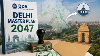 DDA approves Delhi Master Plan 2047 and sends it to the Centre for final approval, featuring a Delhi map and India Gate.