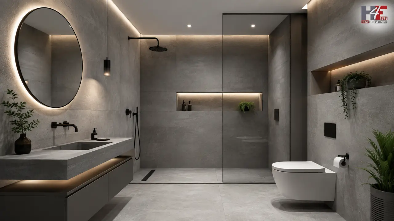 Grey minimalist bathroom design featuring clean lines, neutral grey tones, modern fixtures and a simple clutter-free interior.