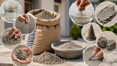 Nine simple cement quality tests at home using water, touch, texture, setting and strength checks before using cement for construction.
