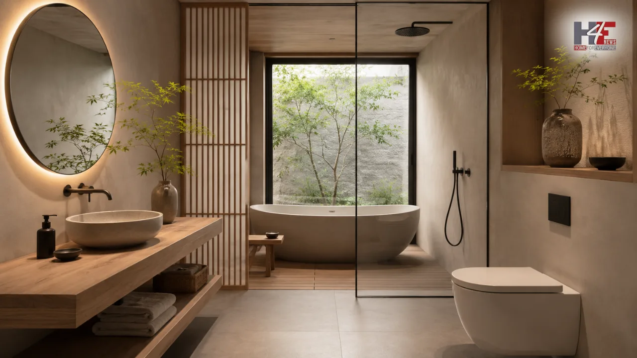 Japandi minimalist bathroom design featuring natural wood accents, neutral tones, clean lines and a calm clutter-free interior.