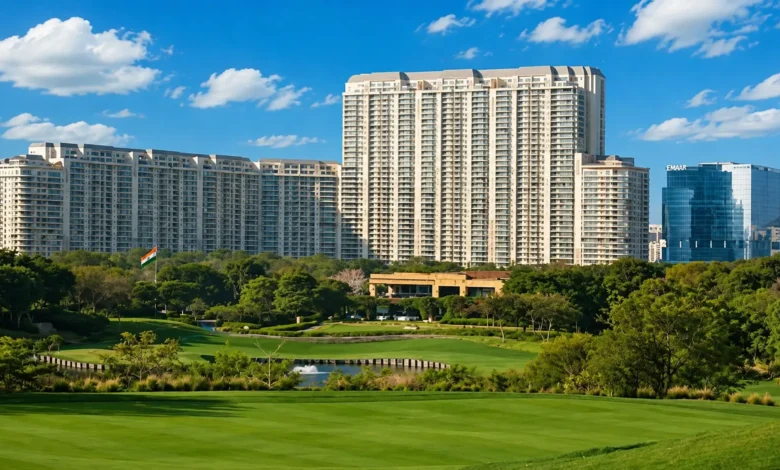 Luxury residential towers at DLF The Dahlias in Gurugram, linked to Manav Sardana’s ₹271 crore penthouse purchase.