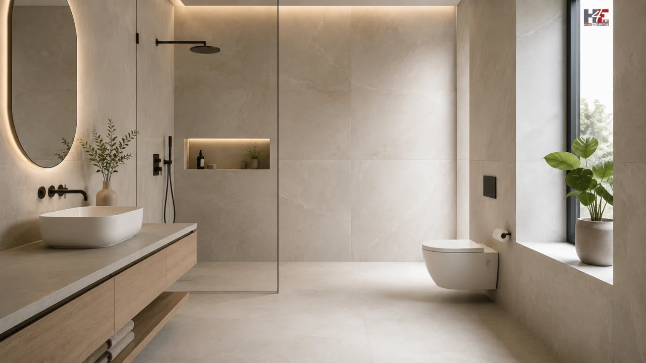 Minimalist bathroom with large-format tiles, clean lines, modern fixtures and a spacious clutter-free interior.