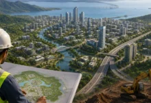 Mumbai 3.0 project showing a planned 323 sq km new city across 124 villages with high-rise buildings, roads and infrastructure development.