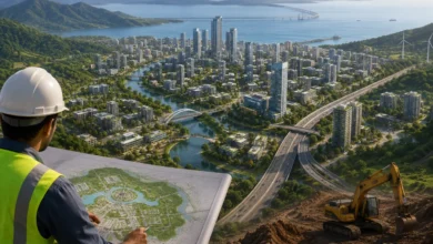 Mumbai 3.0 project showing a planned 323 sq km new city across 124 villages with high-rise buildings, roads and infrastructure development.