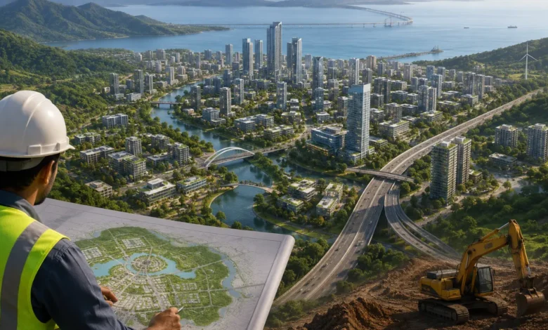 Mumbai 3.0 project showing a planned 323 sq km new city across 124 villages with high-rise buildings, roads and infrastructure development.