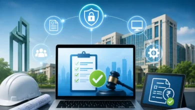 Noida Authority’s digital e-tender process through the Prahari Portal, showing online tender management, approvals and secure documentation.