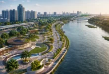 Proposed Hindon Riverfront project in Noida showing a landscaped riverfront, urban development, roads and high-rise buildings along the river.