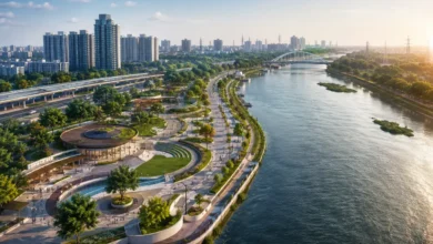 Proposed Hindon Riverfront project in Noida showing a landscaped riverfront, urban development, roads and high-rise buildings along the river.
