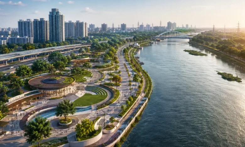 Proposed Hindon Riverfront project in Noida showing a landscaped riverfront, urban development, roads and high-rise buildings along the river.