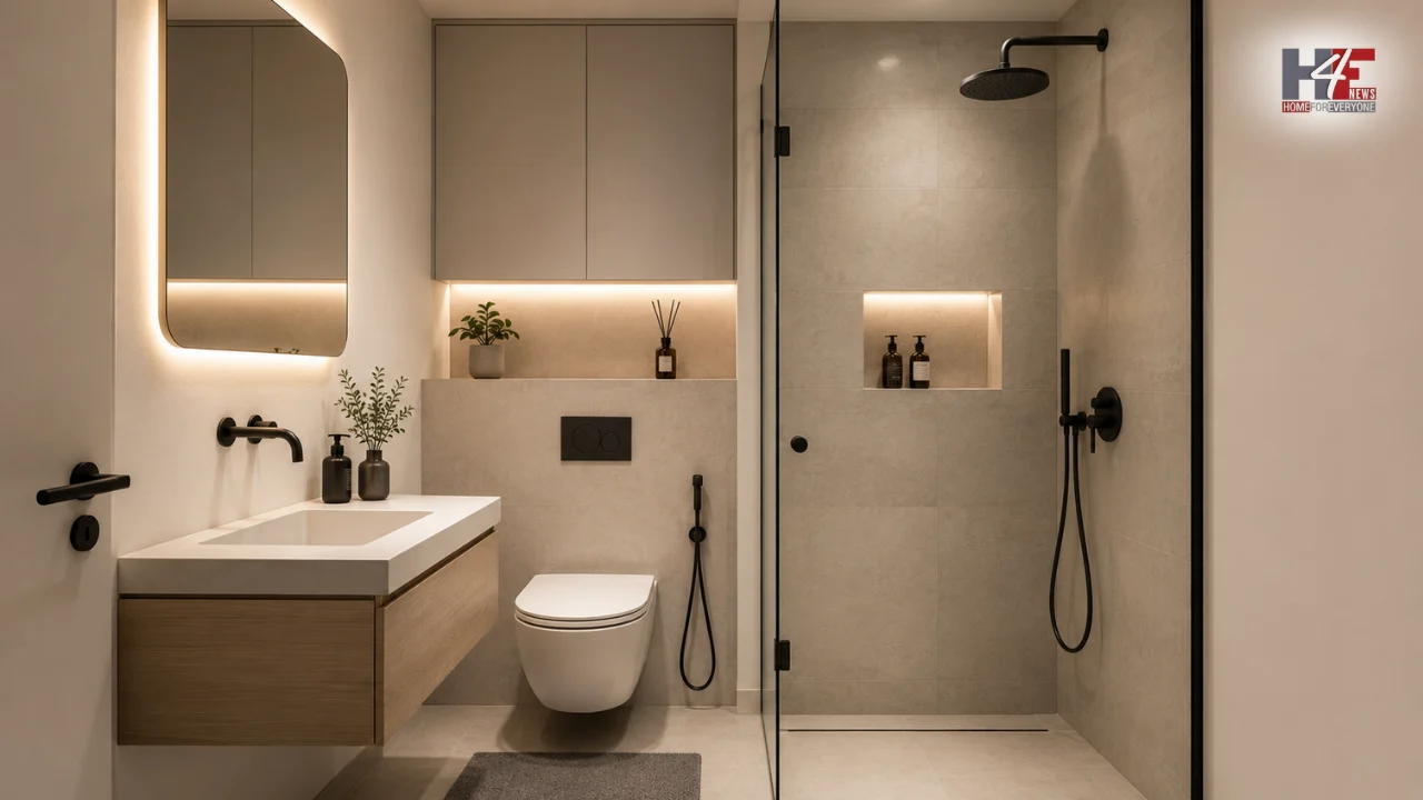 Small minimalist bathroom design featuring space-saving fixtures, clean lines, neutral tones and a clutter-free interior.