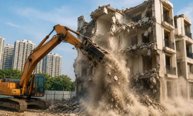 Controlled demolition of 49 homes at SNN Raj Etternia, highlighting the ongoing demolition action at the Bengaluru residential project.