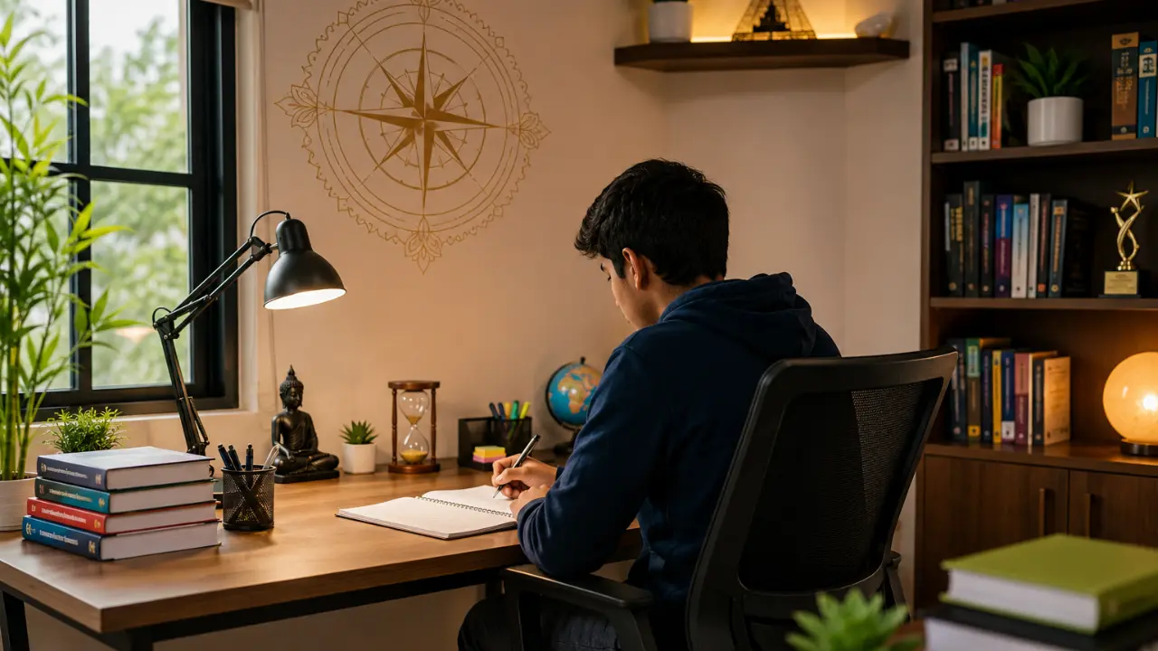 Vastu tips for a study room for students preparing for competitive exams, featuring an organized study desk, books and a focused learning environment.